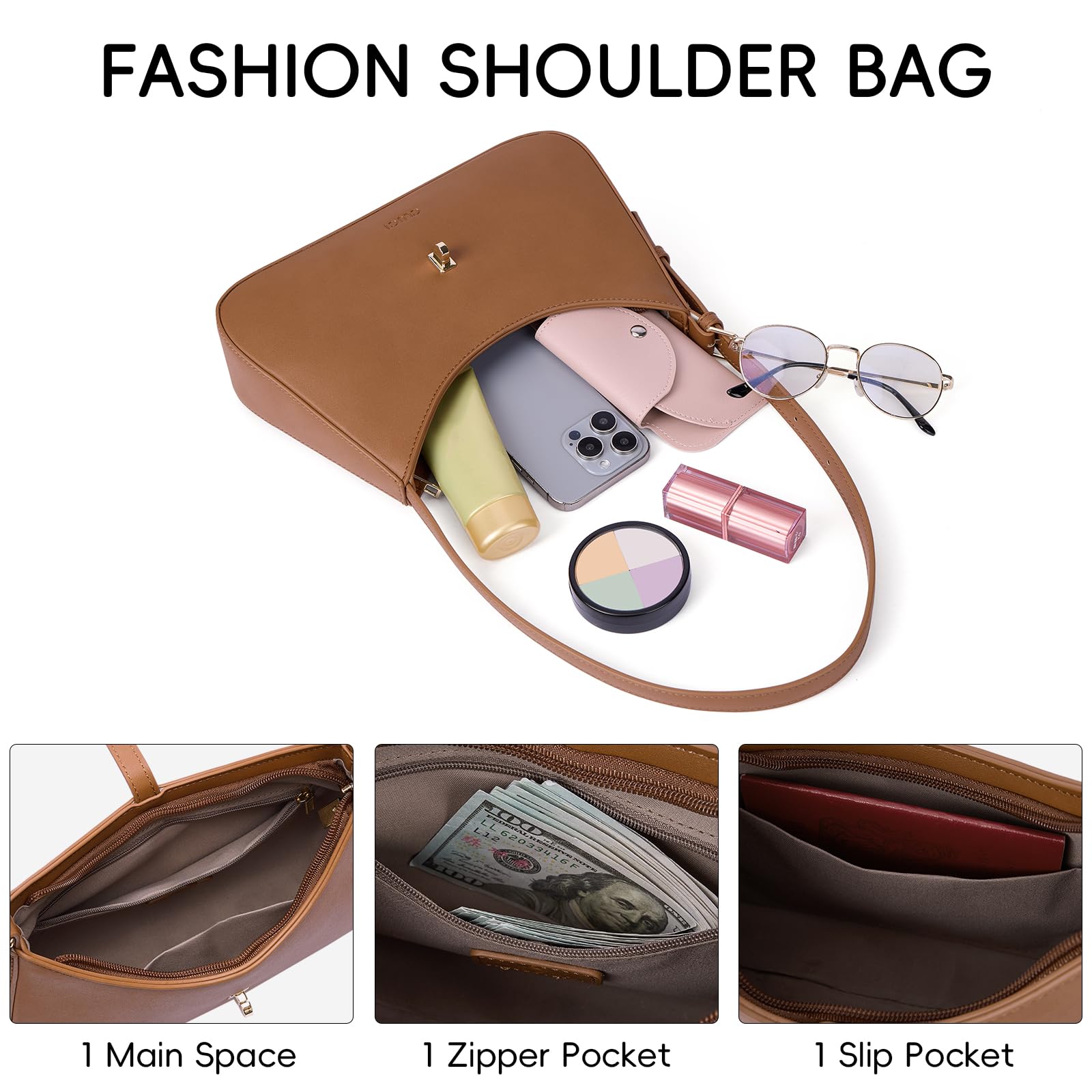 CLUCI Shoulder Bag for Women, Purses for Women, Handbag Hobo Bags Vegan Leather Crossbody Purse with Adjustable Strap Brown
