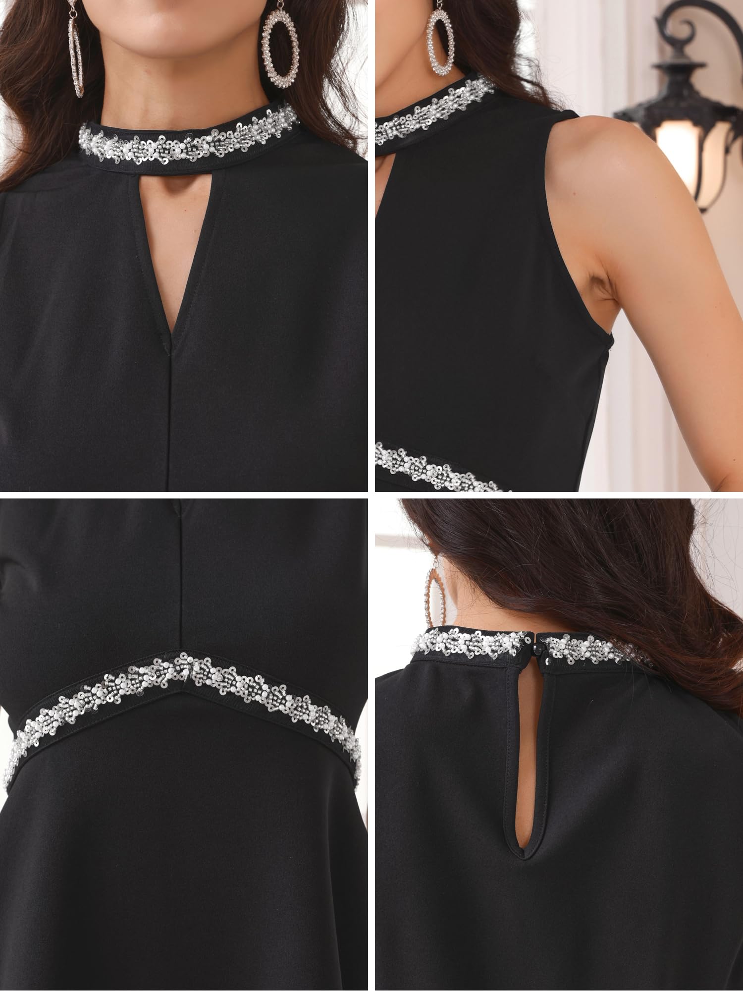 WOMLAYOUT Women's Halter Tops Beaded Mock Neck Keyhole Sleeveless Cocktail Peplum Blouse Large Black