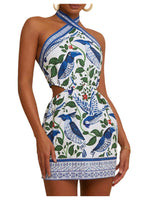 Load image into Gallery viewer, MakeMeChic Women&#39;s Chiffon Printed Halter Dress Tie Backless Criss Cross Cut Out Summer Mini Dresses Blue and White Medium

