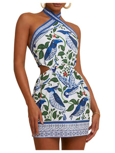 MakeMeChic Women's Chiffon Printed Halter Dress Tie Backless Criss Cross Cut Out Summer Mini Dresses Blue and White Medium