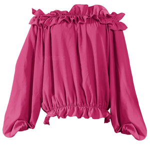 evnanic Off Shoulder Blouses for Women Long Sleeve Shirt Pleated Ruffle Flowy Blouses Spring Rose S