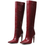 Load image into Gallery viewer, femflame Red Knee High Boots for Women Wide Calf Long Boots Crocodile Square Toe Side ZIpper Stiletto Heel Tall Boots
