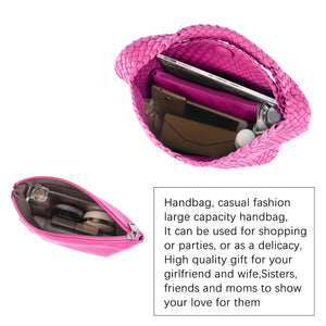 LMKIDS Women Vegan Leather Hand-Woven Tote Handbag Fashion Shoulder Top-handle Bag All-Match Underarm Bag with Purse (Rose Red)