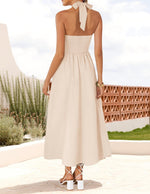 Load image into Gallery viewer, ZESICA Women's Summer Sleeveless Halter Midi Dress 2025 Off Shoulder High Waist Swing Flowy Beach Long Dresses,Apricot,Medium
