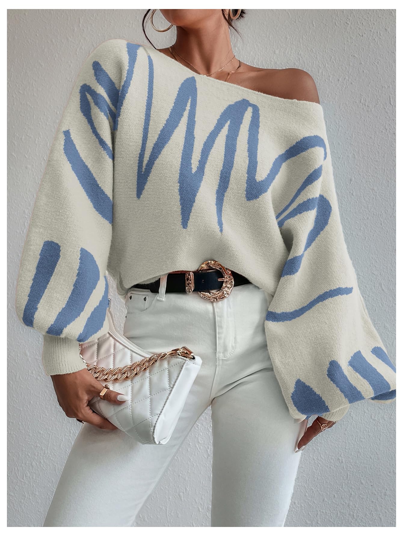 BEAUDRM Women's Lantern Sleeve Sweater Graphic Boat Neck Drop Shoulder Long Sleeve Oversized Pullovers Jumper Top Beige Medium