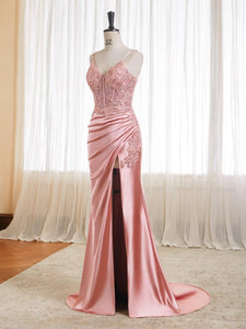 Beaded Satin Prom Dresses 2025 Lace Appliques Corset Long Mermaid Formal Evening Gowns with Slit Light Blue US0