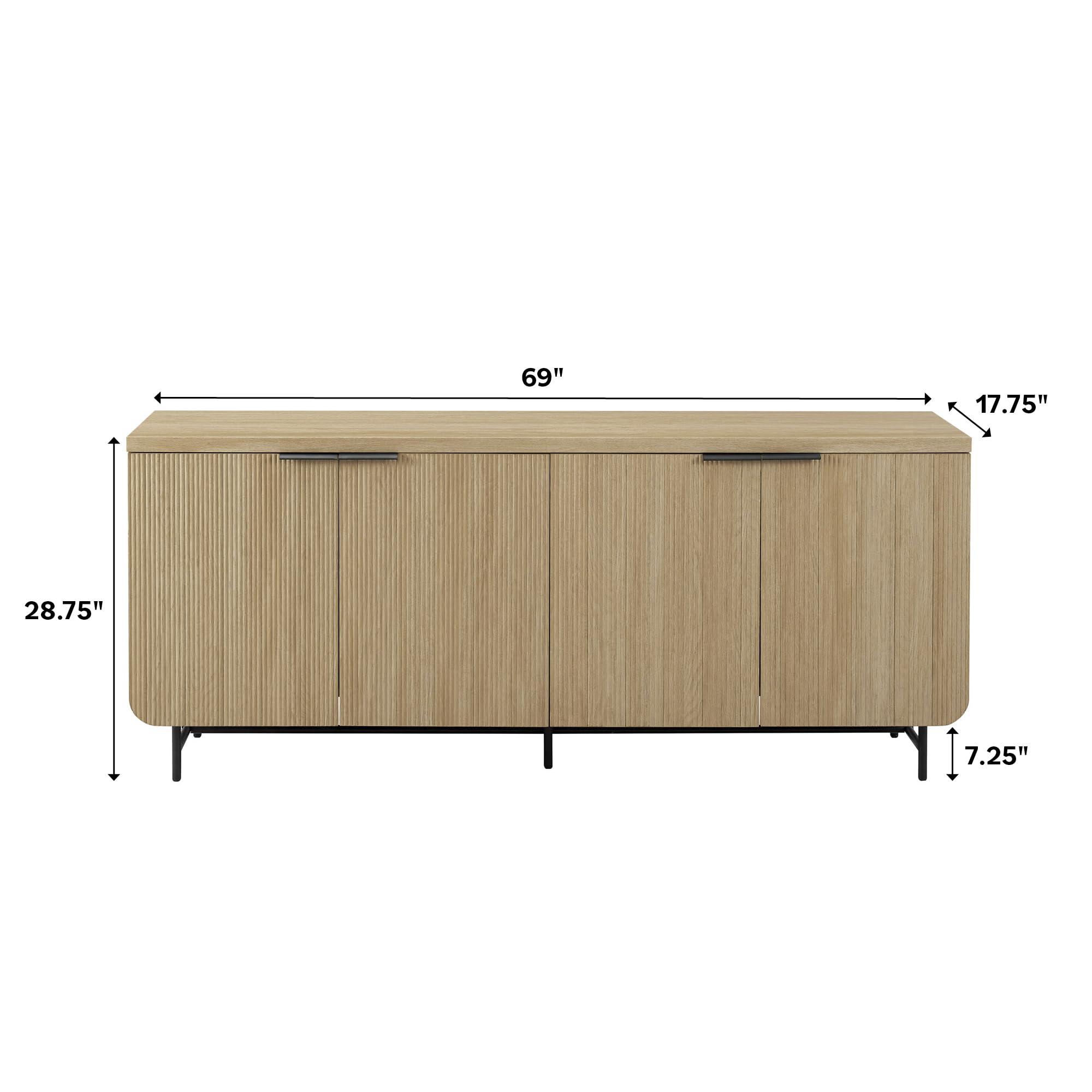 Walker Edison Modern Reema Scandinavian Fluted 4-Door Kitchen Storage Sideboard Buffet Cabinet Console, 69 Inch, Coastal Oak