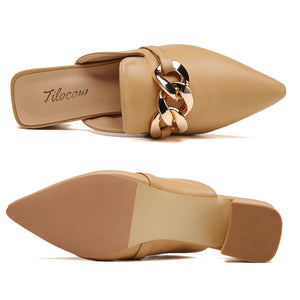 Tilocow Metal Chain Decor Mules Heels for Women Chunky Heeled Sandals Slip on Closed Toe Slides for Women Backless Mules Brown 8