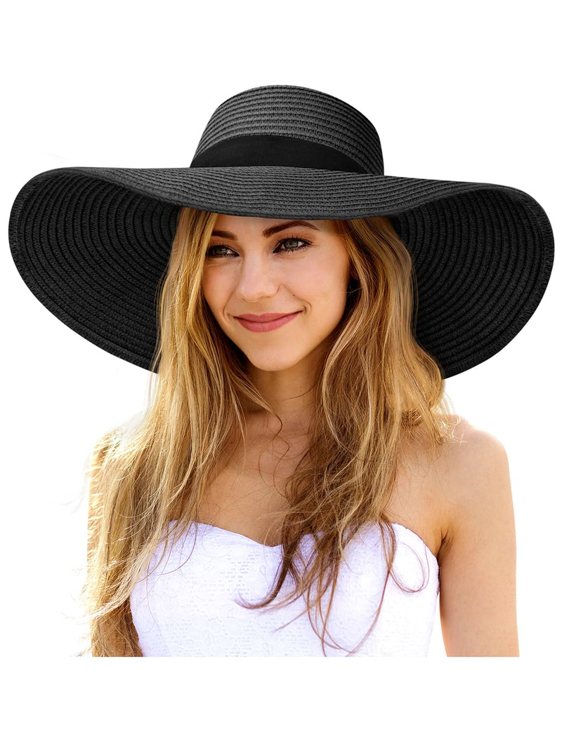 Sun Hats for Women Oversize Wide Brim Straw Beach Hat UV Protection Floppy Foldable Roll-Up Travel Summer Vacation UPF 50+ Black