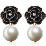 Load image into Gallery viewer, MISASHA Black Camellia Pearl Dangle Earrings – Lightweight Designer‑Inspired Floral Drop Earrings for Women | Bridal, Wedding, Prom, Gift
