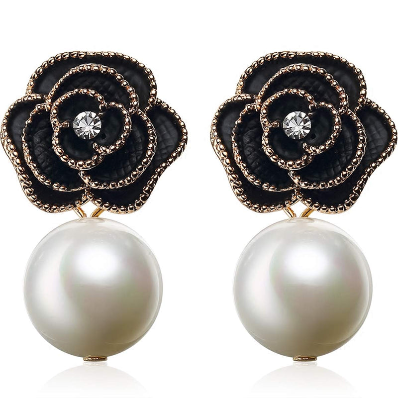 MISASHA Black Camellia Pearl Dangle Earrings – Lightweight Designer‑Inspired Floral Drop Earrings for Women | Bridal, Wedding, Prom, Gift
