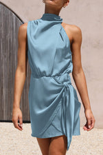 Load image into Gallery viewer, PRETTYGARDEN Women&#39;s Short Formal Satin Dress Summer Sleeveless Mock Neck Tie Waist Cocktail Party Dresses (Light Blue,Large)
