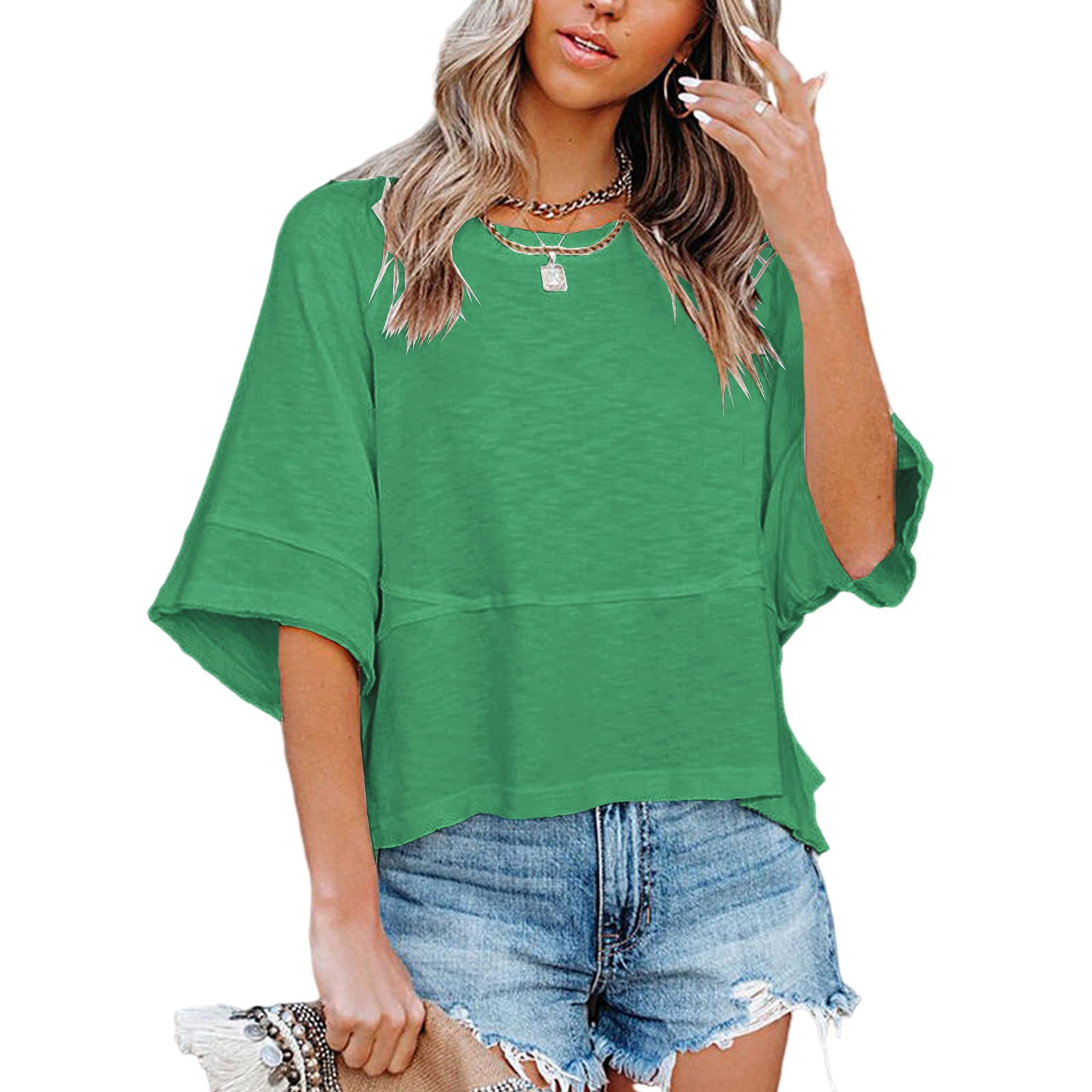 Sovelen Women's Summer Casual Crewneck 3/4 Sleeve T-Shirts Solid Color Loose Fit Cute Basic Tops Tees Blouses (Green, Medium)