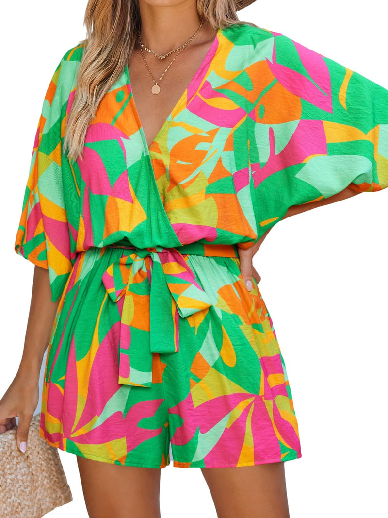 CUPSHE Women's Summer Romper V Neck Pattern Half Dolman Sleeves Belted Casual Wide Leg Mini Jumpsuits Vacation Outfit Lime Green, M