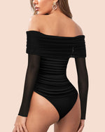 Load image into Gallery viewer, SAUNGKUAI Women&#39;s Off The Shoulder Long Sleeve Bodysuit Sexy Slimming Body Suit Tops Sheer Mesh Ruched Outfits Black M
