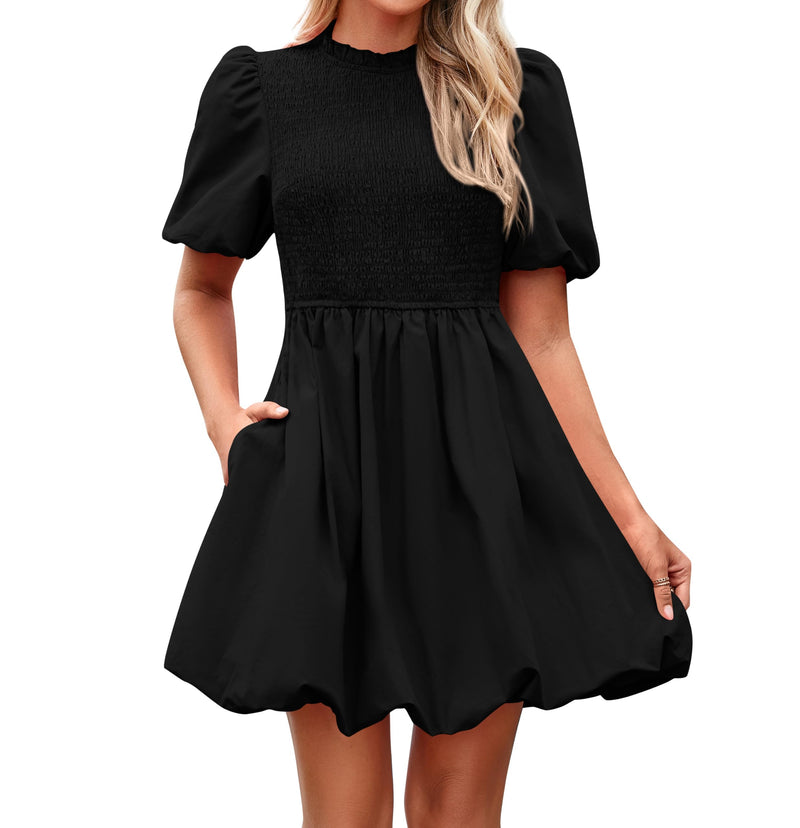 KIRUNDO Womens Summer Smocked Mini Dress 2025 Spring Puff Short Sleeve Boho Ruffle Crewneck Bubble A Line Short Dresses(Black, Medium)