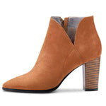 Load image into Gallery viewer, DearOnly Womens Short Bootie Ankle Boots Pointed Toe Block Chunky High Heel Suede Dress Shoes Vintage Classic Zipper Brown 3 Inch 9 US
