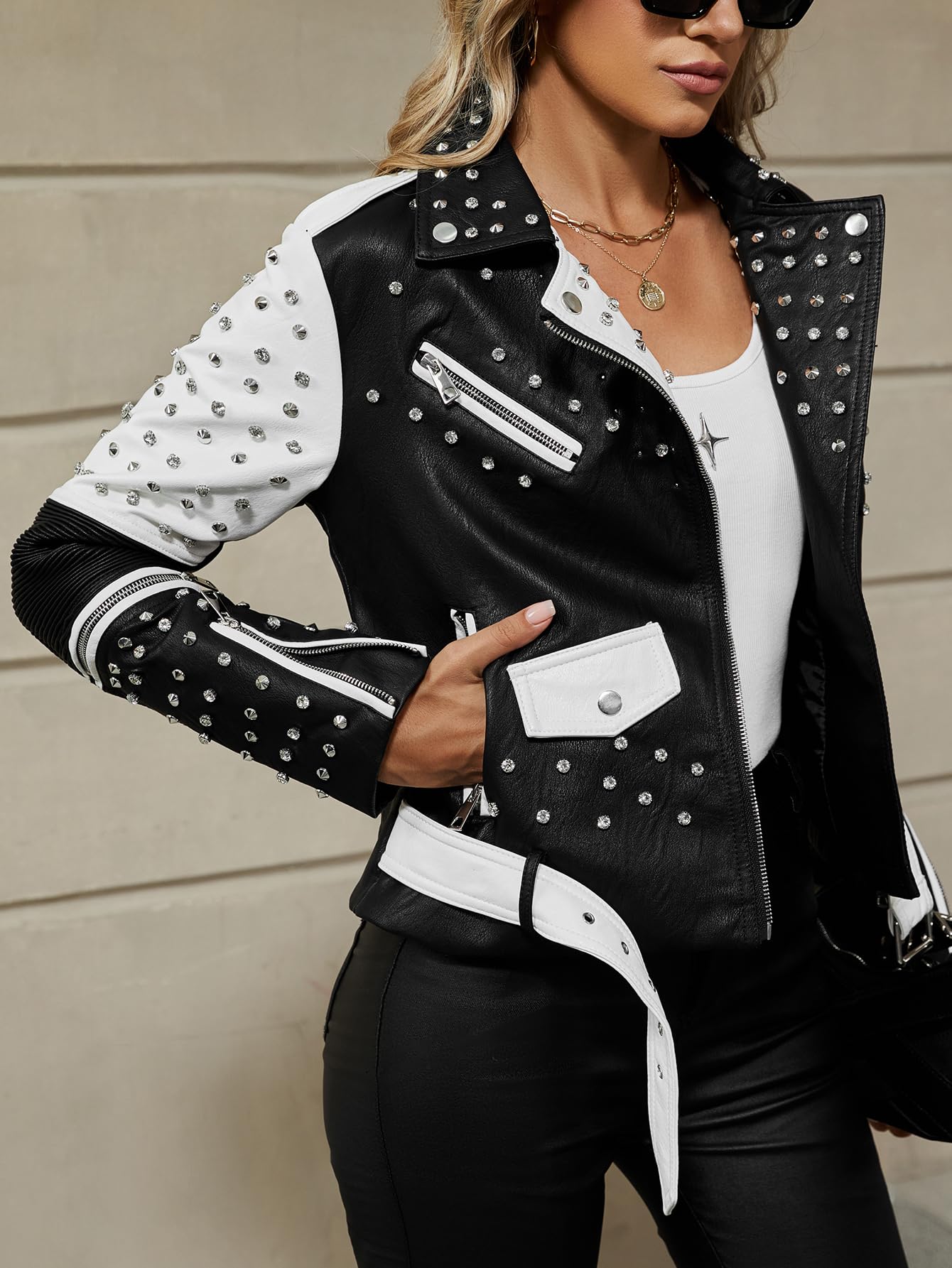 Bellivera Women Faux Leather Jacket Studded Rivet Floral Moto Biker Coat 0376A Blackwhite M