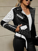 Load image into Gallery viewer, Bellivera Women Faux Leather Jacket Studded Rivet Floral Moto Biker Coat 0376A Blackwhite M
