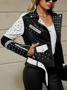 Bellivera Women Faux Leather Jacket Studded Rivet Floral Moto Biker Coat 0376A Blackwhite M
