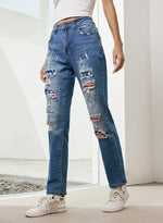 Load image into Gallery viewer, EVALESS American Flag Ripped Jeans for Women Boyfriend Distressed Patchwork Print Mom Mid Rise Jeans 2025 Fashion Embroidered Wide Leg Losse Baggy Denim Pants with Hole Blue Medium
