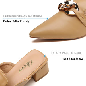 Tilocow Metal Chain Decor Mules Heels for Women Chunky Heeled Sandals Slip on Closed Toe Slides for Women Backless Mules Brown 8