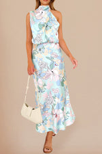 Load image into Gallery viewer, PRETTYGARDEN Women&#39;s 2025 Summer Satin Dress Elegant Sleeveless Mock Neck Cocktail Party Maxi Dresses (Print Blue,Medium)
