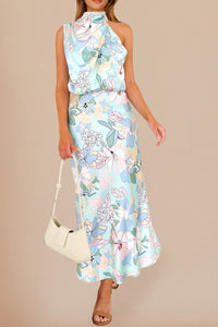 PRETTYGARDEN Women's 2025 Summer Satin Dress Elegant Sleeveless Mock Neck Cocktail Party Maxi Dresses (Print Blue,Medium)