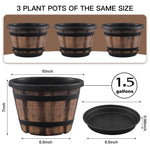 Load image into Gallery viewer, Quarut 3 Pack 10 inch Plant Pots,Whiskey Barrel Planters with Drainage Holes &amp; Saucer, Plastic Decoration Flower Pots Imitation Wine Barrel Design, for Indoor &amp; Outdoor Garden Home Plants (Brown)
