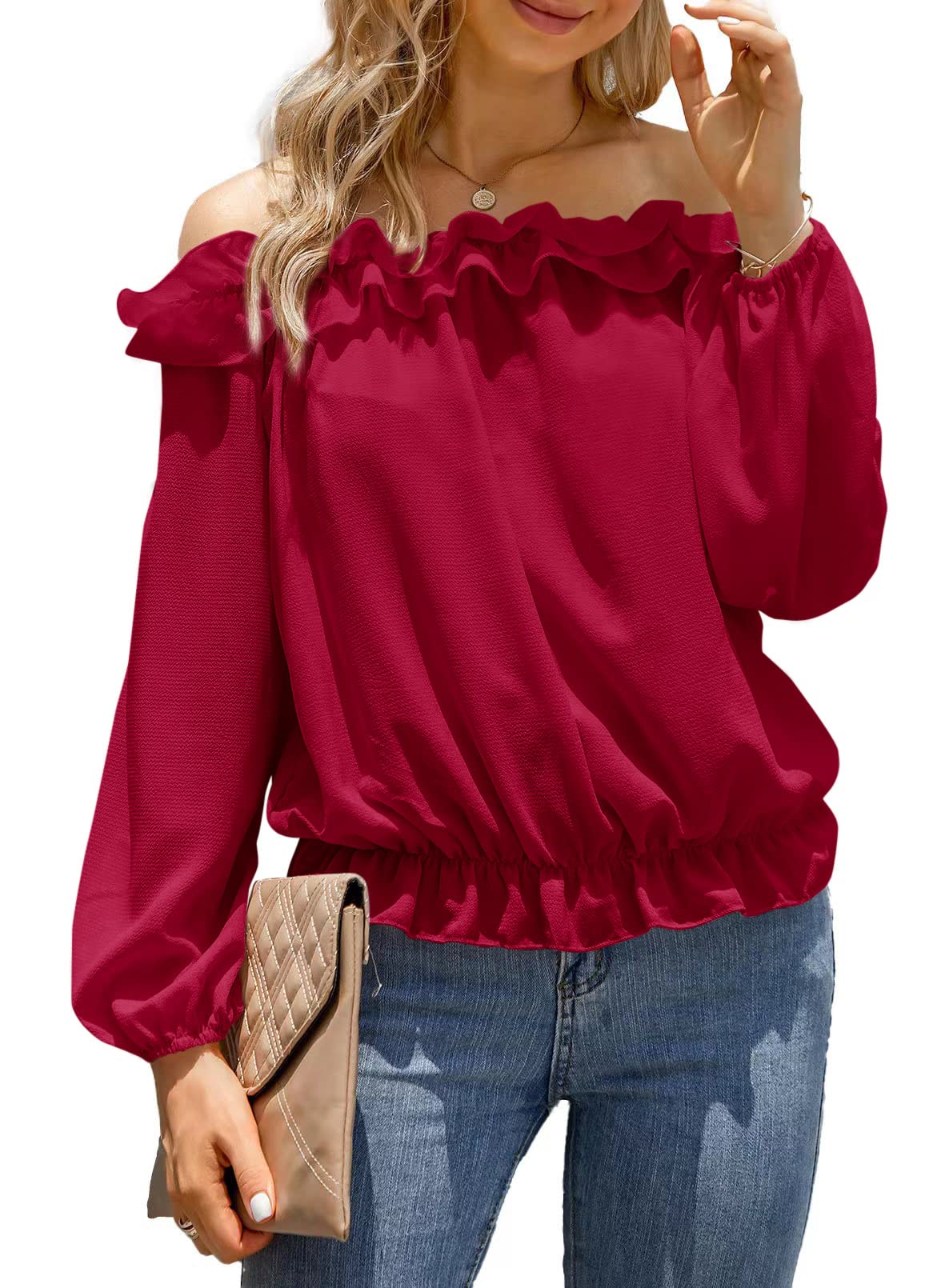 evnanic Women's Sexy Off The Shoulder Tops Long Sleeve Shirt Pleated Ruffle Flowy Blouses Spring Bright Red M