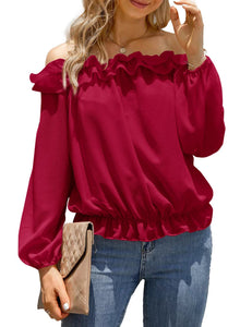 evnanic Women's Sexy Off The Shoulder Tops Long Sleeve Shirt Pleated Ruffle Flowy Blouses Spring Bright Red M
