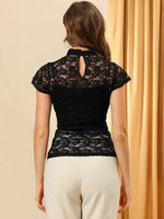 Load image into Gallery viewer, Allegra K Women&#39;s Elegant Floral Lace Blouse Short Sleeve Keyhole Back Fitted Semi Sheer Top Medium Black

