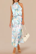 Load image into Gallery viewer, PRETTYGARDEN Women&#39;s 2025 Summer Satin Dress Elegant Sleeveless Mock Neck Cocktail Party Maxi Dresses (Print Blue,Medium)
