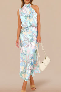 PRETTYGARDEN Women's 2025 Summer Satin Dress Elegant Sleeveless Mock Neck Cocktail Party Maxi Dresses (Print Blue,Medium)