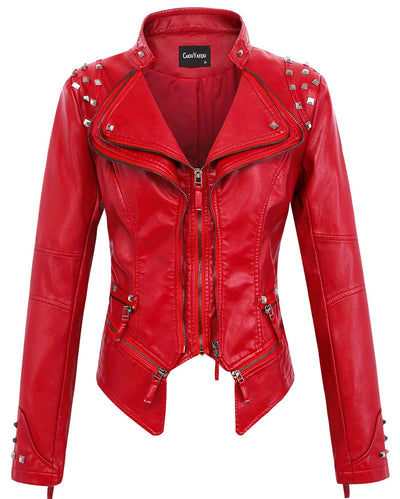 chouyatou Women's Fashion Studded Perfectly Shaping Faux Leather Biker Jacket (Medium, Red)