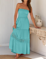 Load image into Gallery viewer, ZESICA Women's 2025 Summer Bohemian Strapless Off Shoulder Lace Trim Backless Flowy A Line Beach Long Maxi Dress,Aqua,Medium
