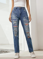 Load image into Gallery viewer, EVALESS American Flag Ripped Jeans for Women Boyfriend Distressed Patchwork Print Mom Mid Rise Jeans 2025 Fashion Embroidered Wide Leg Losse Baggy Denim Pants with Hole Blue Medium
