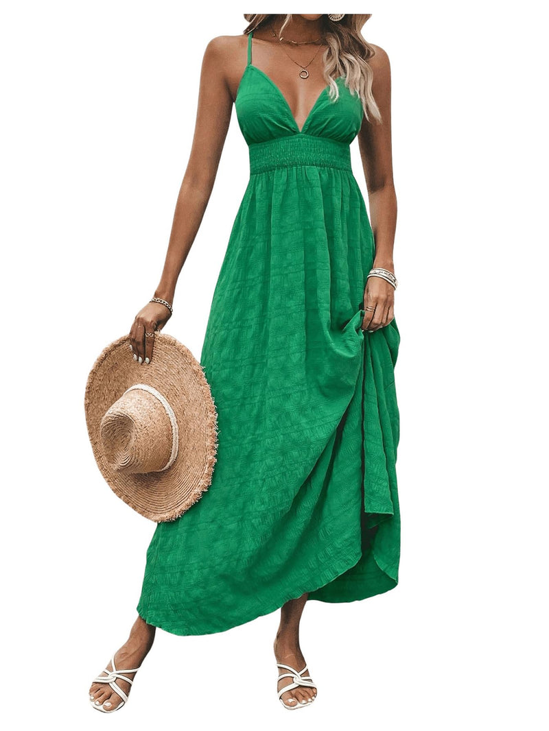Milumia Women's Summer V Neck Backless Maxi Dress Boho Spaghetti Strap A Line Flowy Beach Long Sundress Green Medium