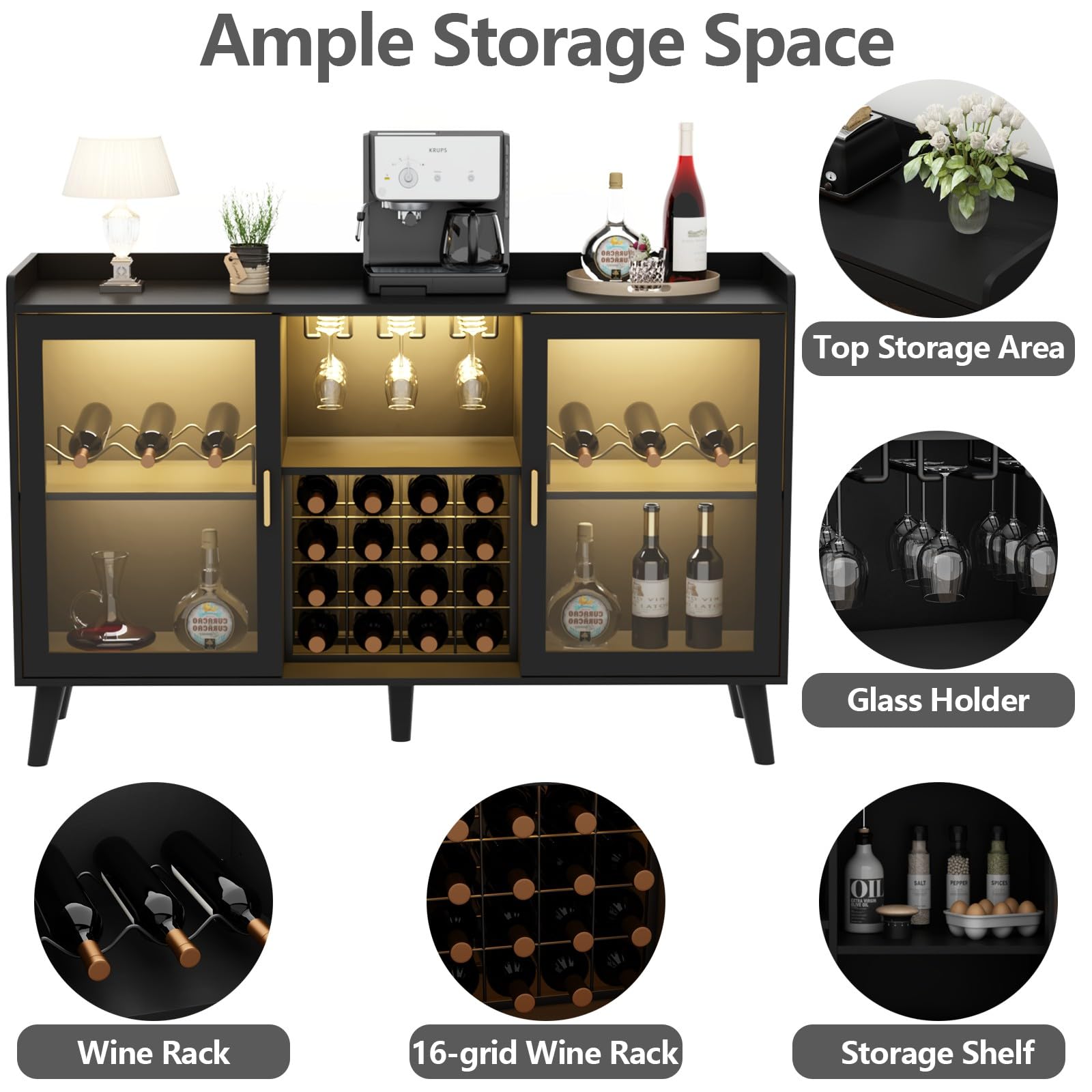 Loomie Wine Bar Cabinet with LED Light, Home Coffee Cabinet with Wine Rack and Glass Holder, Kitchen Buffet Sideboard W Storage Shelf, Freestanding Liquor Cabinet for Living Room, Dining Room (Black)