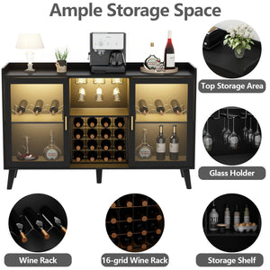 Loomie Wine Bar Cabinet with LED Light, Home Coffee Cabinet with Wine Rack and Glass Holder, Kitchen Buffet Sideboard W Storage Shelf, Freestanding Liquor Cabinet for Living Room, Dining Room (Black)