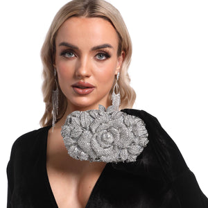 Boutique De FGG Flower Evening Bags for Women Wedding Handbags Crystal Clutch Purse Prom Rose Rhinestone Clutch Purses,Mini,Silver