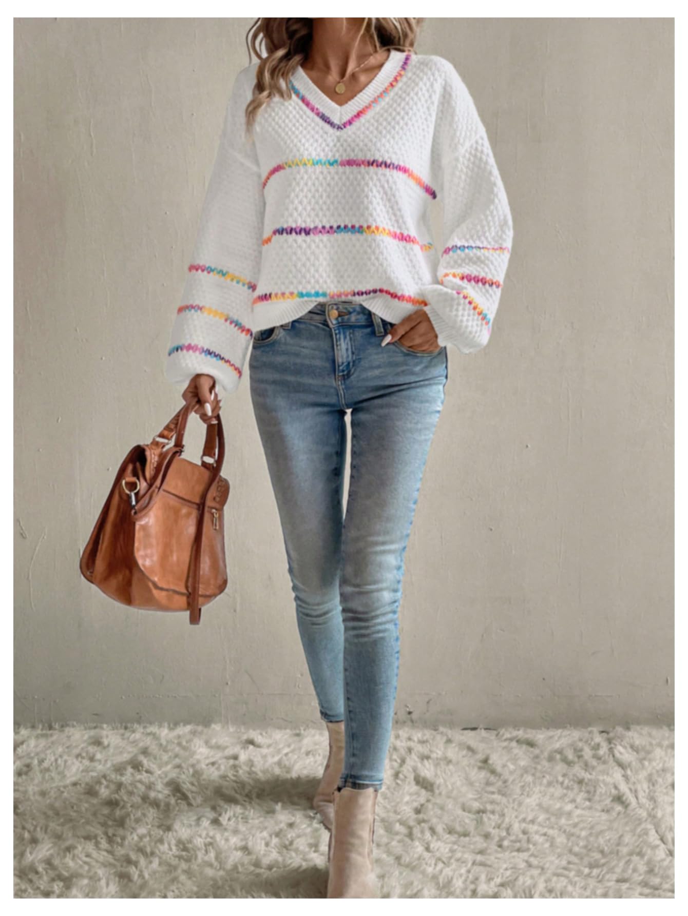 Verdusa Women's Striped Oversized Sweaters Vacation Drop Shoulder Pullover Fall Cozy Sweater for Women White X-Small