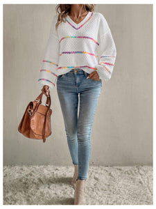 Verdusa Women's Striped Oversized Sweaters Vacation Drop Shoulder Pullover Fall Cozy Sweater for Women White X-Small