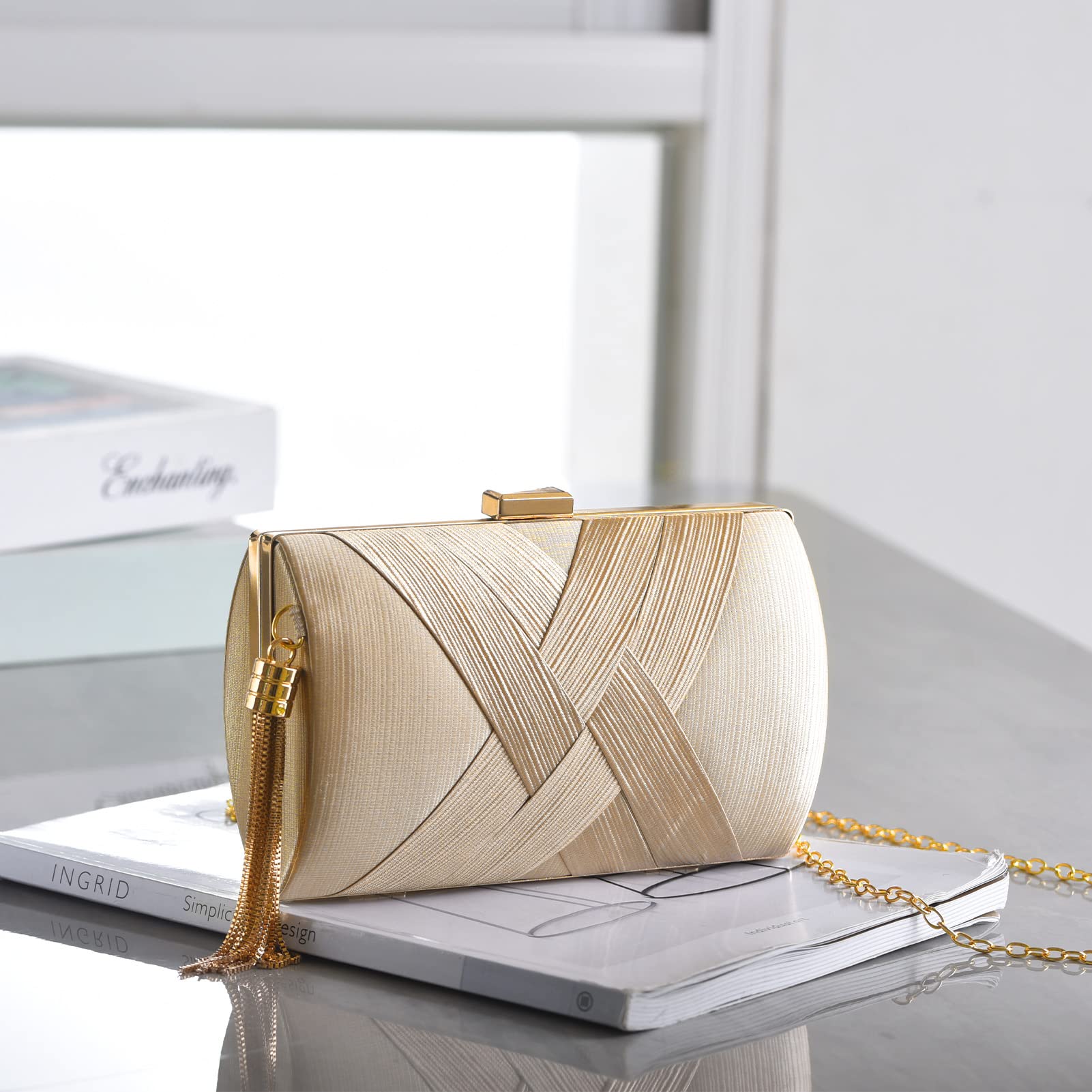 YAPAIOU Clutch Purses For Women Tassel Evening Clutch bag Cross Body & Shoulder Bag For Wedding Night out Party Champagne Gold
