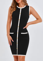 Load image into Gallery viewer, KIRUNDO Women&#39;s Semi Formal Business Casual Dress 2025 Summer Elegant Knit Slim Fit Color Block Button Work Office Dresses(Black, Medium)
