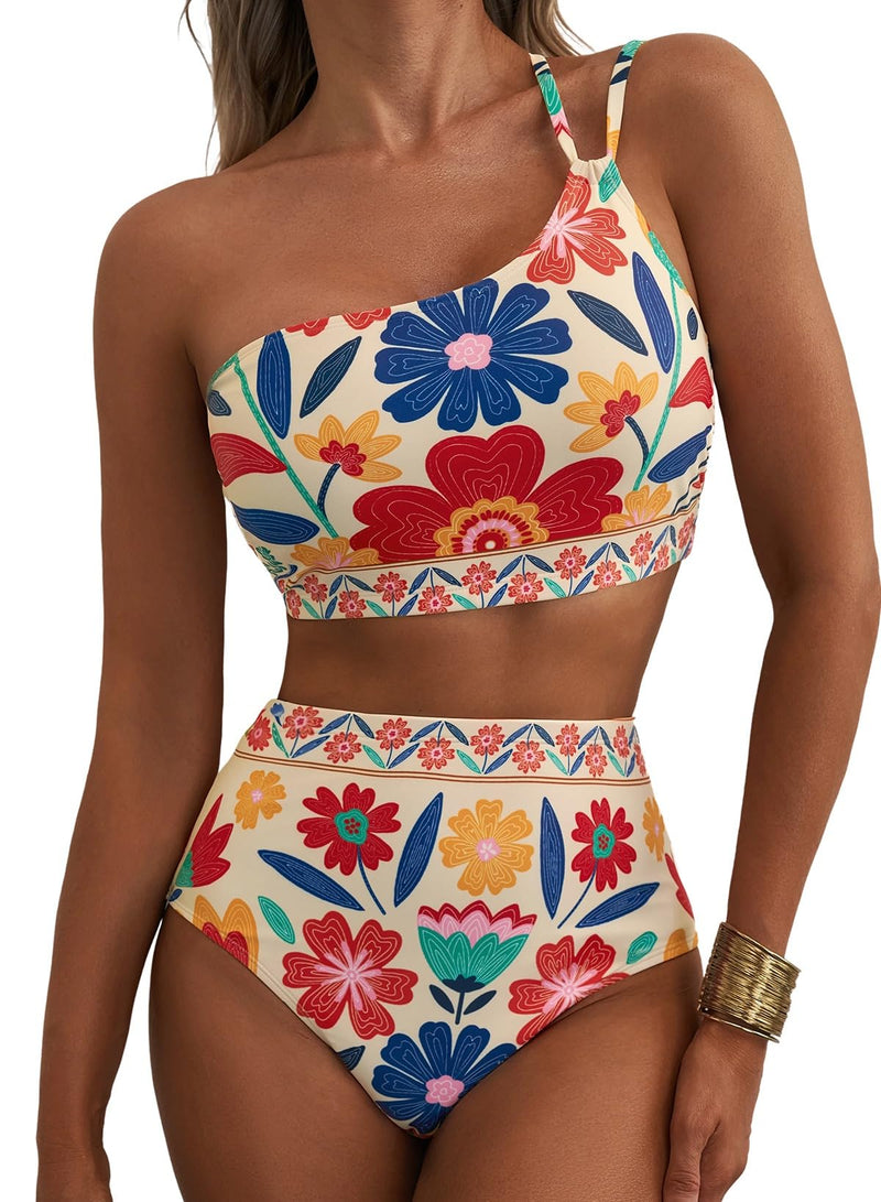 Herseas Women Bikini Sets One Shoulder Supportive Swimsuits Summer 2026 High Waisted Tummy Control 2 Piece Bathing Suits Fashionable Athletic Outfits Teen Girls Multicolor Floral X-Large