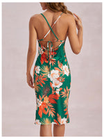 Load image into Gallery viewer, WDIRARA Women's Floral Print Cowl Neck Sleeveless Ruched Split Thigh Satin Cami Summer Dress Green Tropical S
