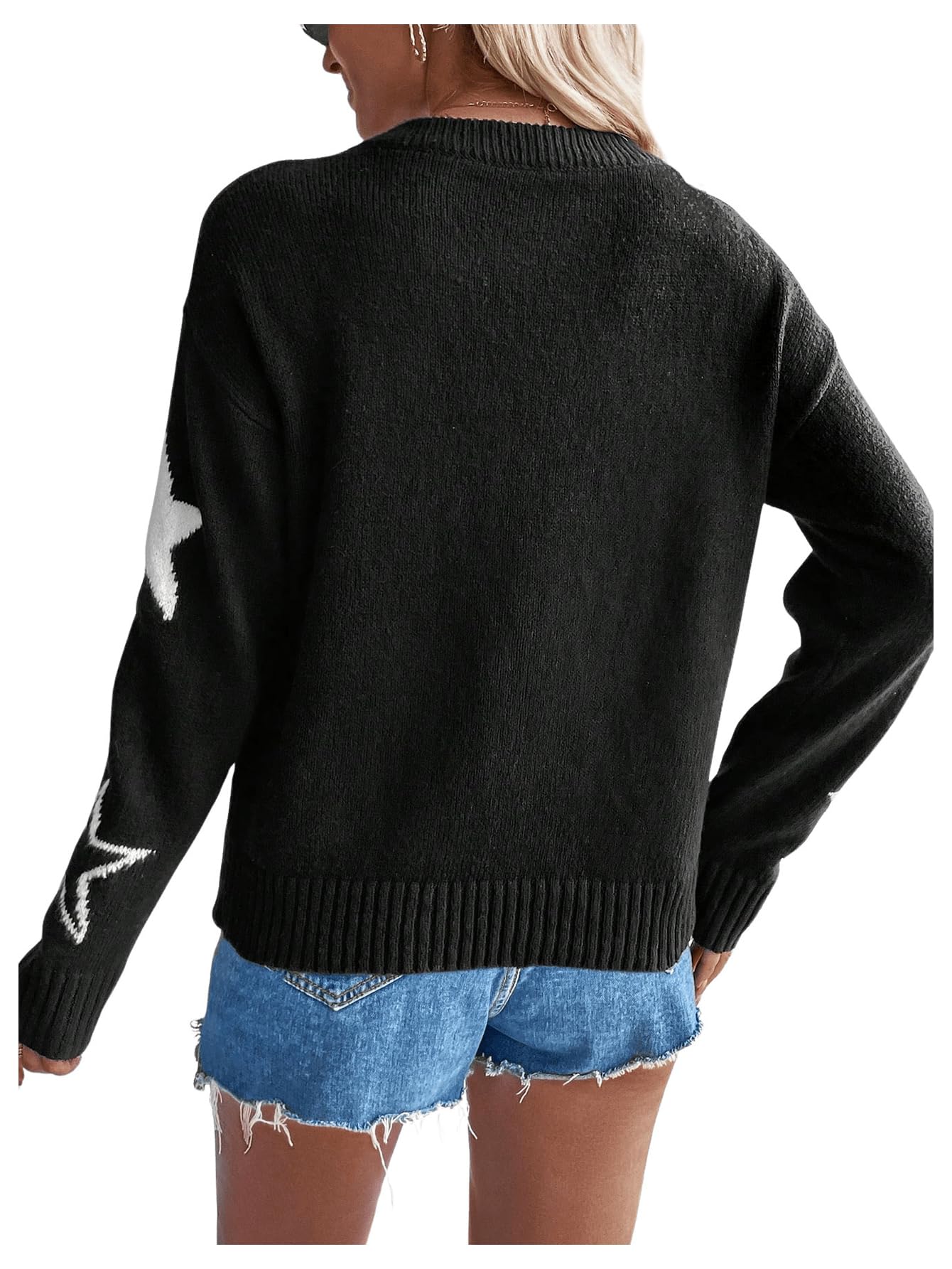 SHENHE Women's Star Pattern Crew Neck Drop Shoulder Casual Sweater Pullover Knitwear Black and White XS