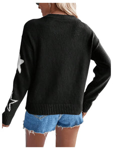 SHENHE Women's Star Pattern Crew Neck Drop Shoulder Casual Sweater Pullover Knitwear Black and White XS