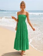 Load image into Gallery viewer, ZESICA Womens 2026 Summer Boho Strapless Midi Dresses Off Shoulder Smocked Eyelet Wedding Guest Beach Long Dress Pockets Green Small
